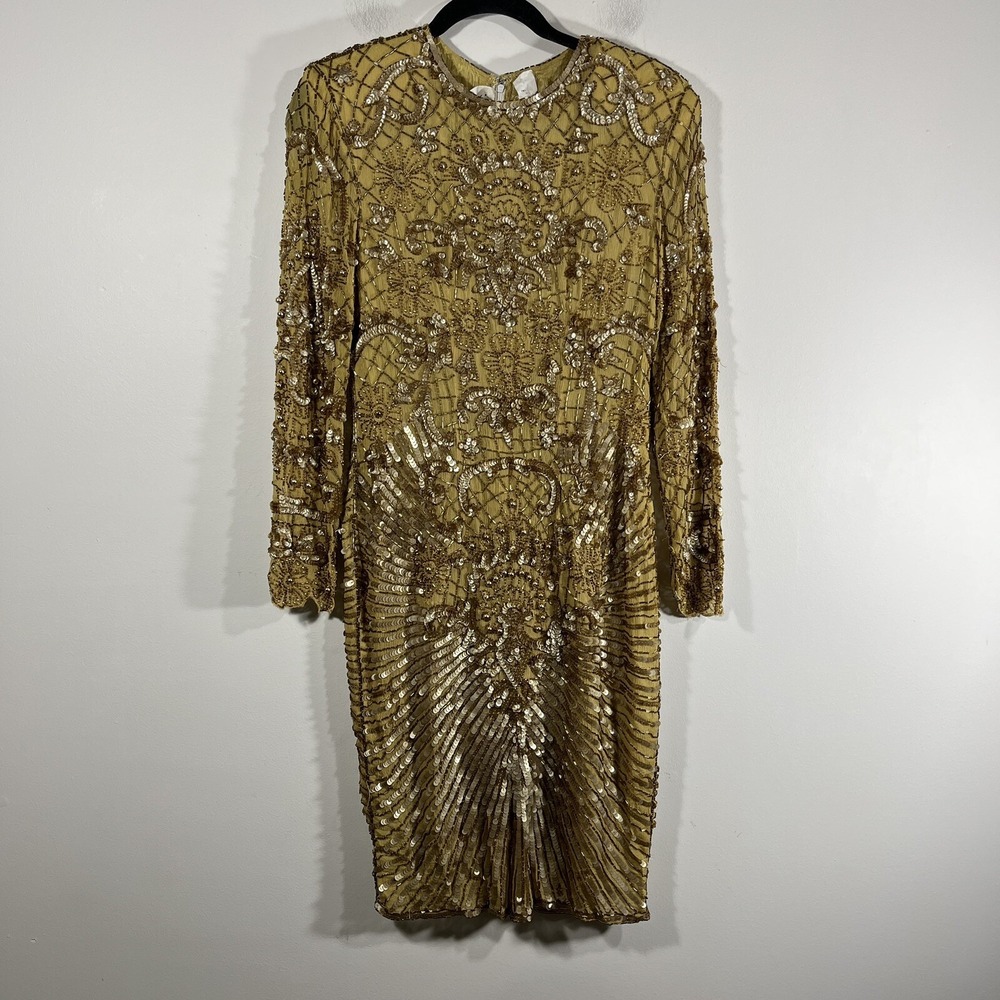 Vtg Lillie Rubin‎ Dress Womens S Metallic Gold Beaded Sequin Art Deco 20s Party